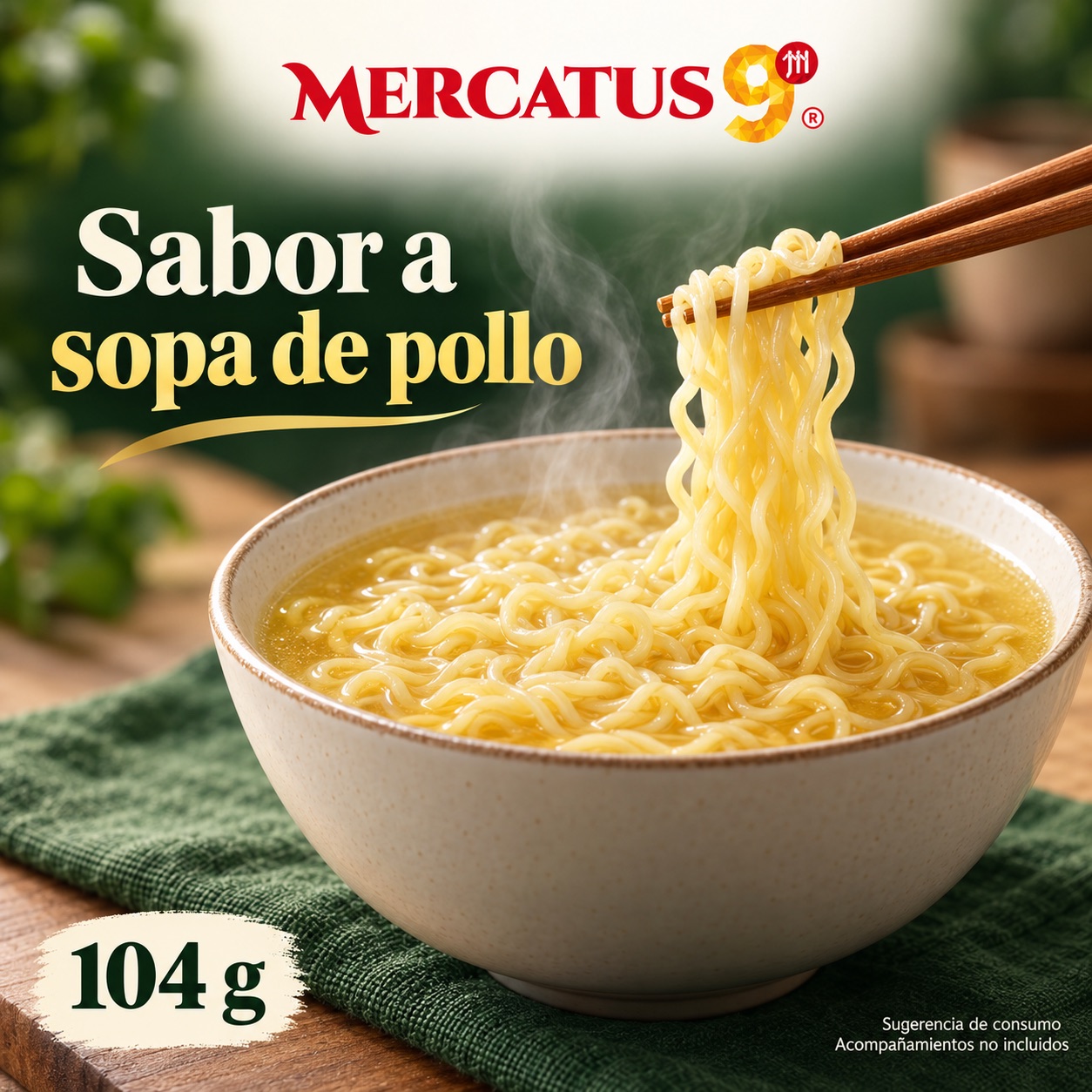 Sugerencia ilustrativa de consumo de Baixiang · Fideos sabor a sopa de pollo; acompañamientos no incluidos