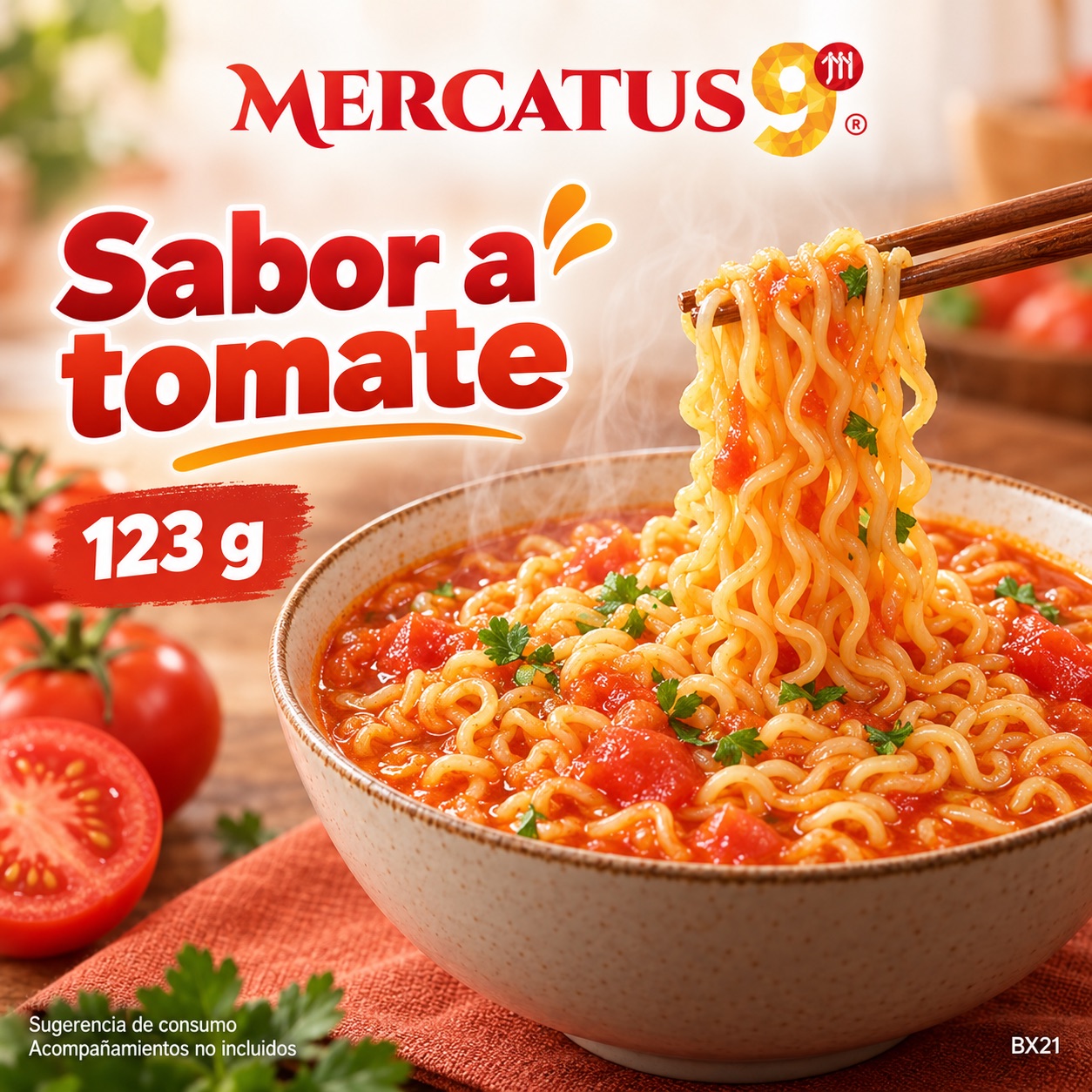 Sugerencia ilustrativa de consumo de Baixiang · Fideos sabor a tomate; acompañamientos no incluidos