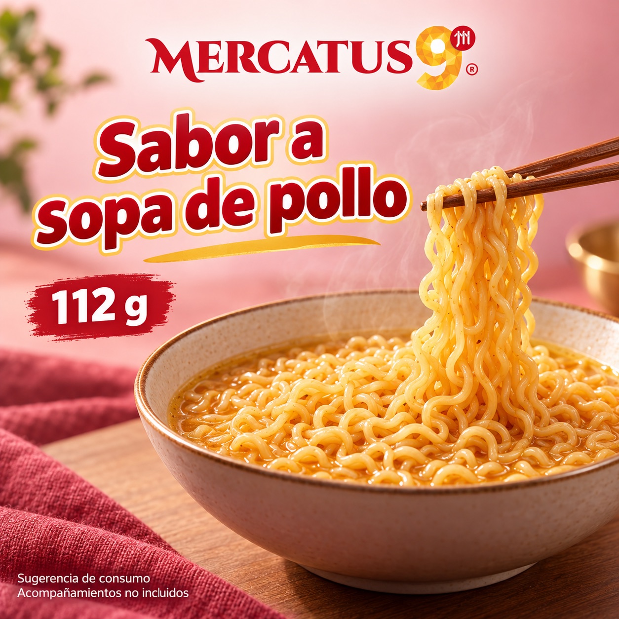 Sugerencia ilustrativa de consumo de Baixiang · Fideos sabor a sopa de pollo; acompañamientos no incluidos