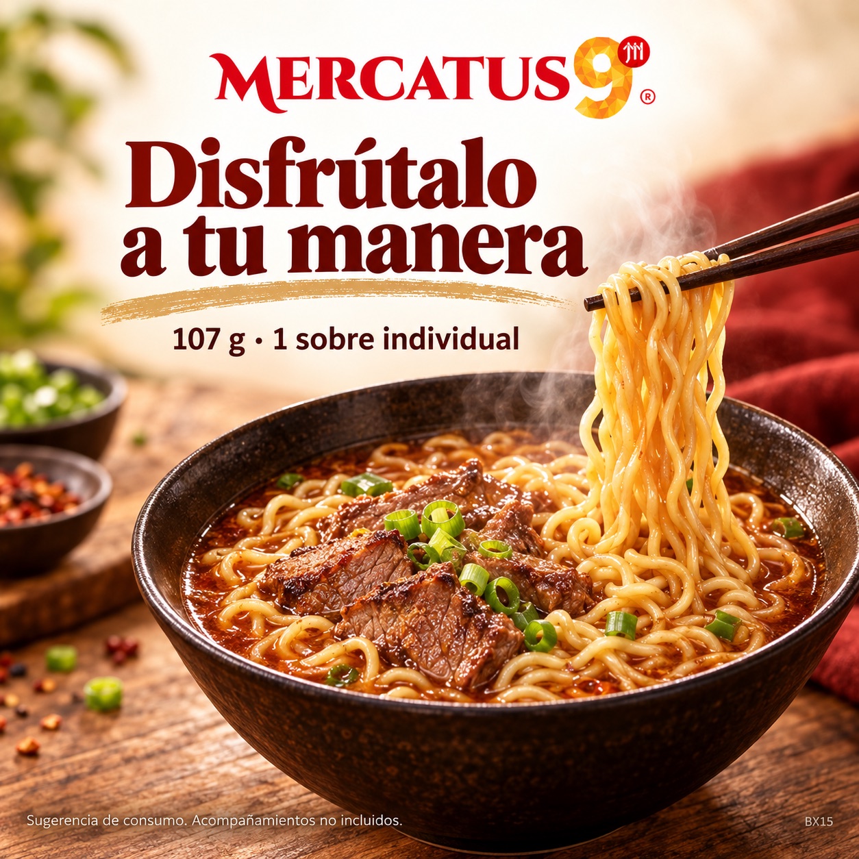 Sugerencia ilustrativa de consumo de Baixiang · Fideos sabor a carne asada; acompañamientos no incluidos