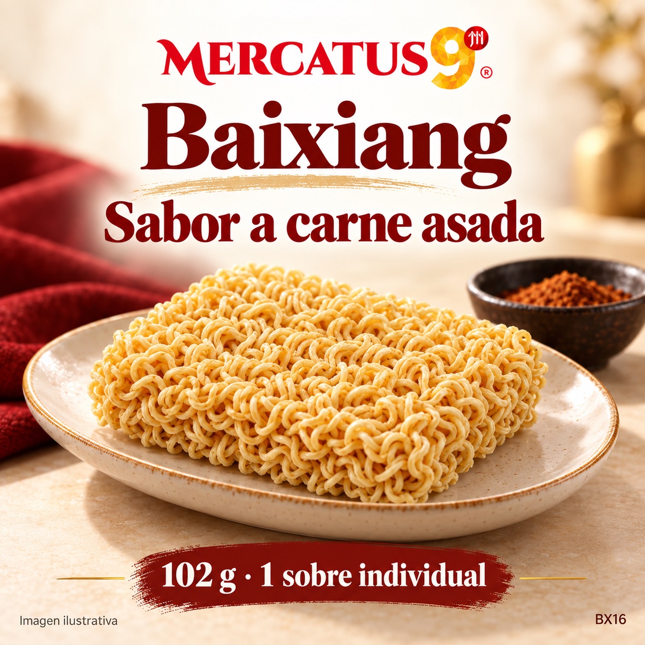 Baixiang · Fideos sabor a carne asada, presentación de 102 g, Mercatus9