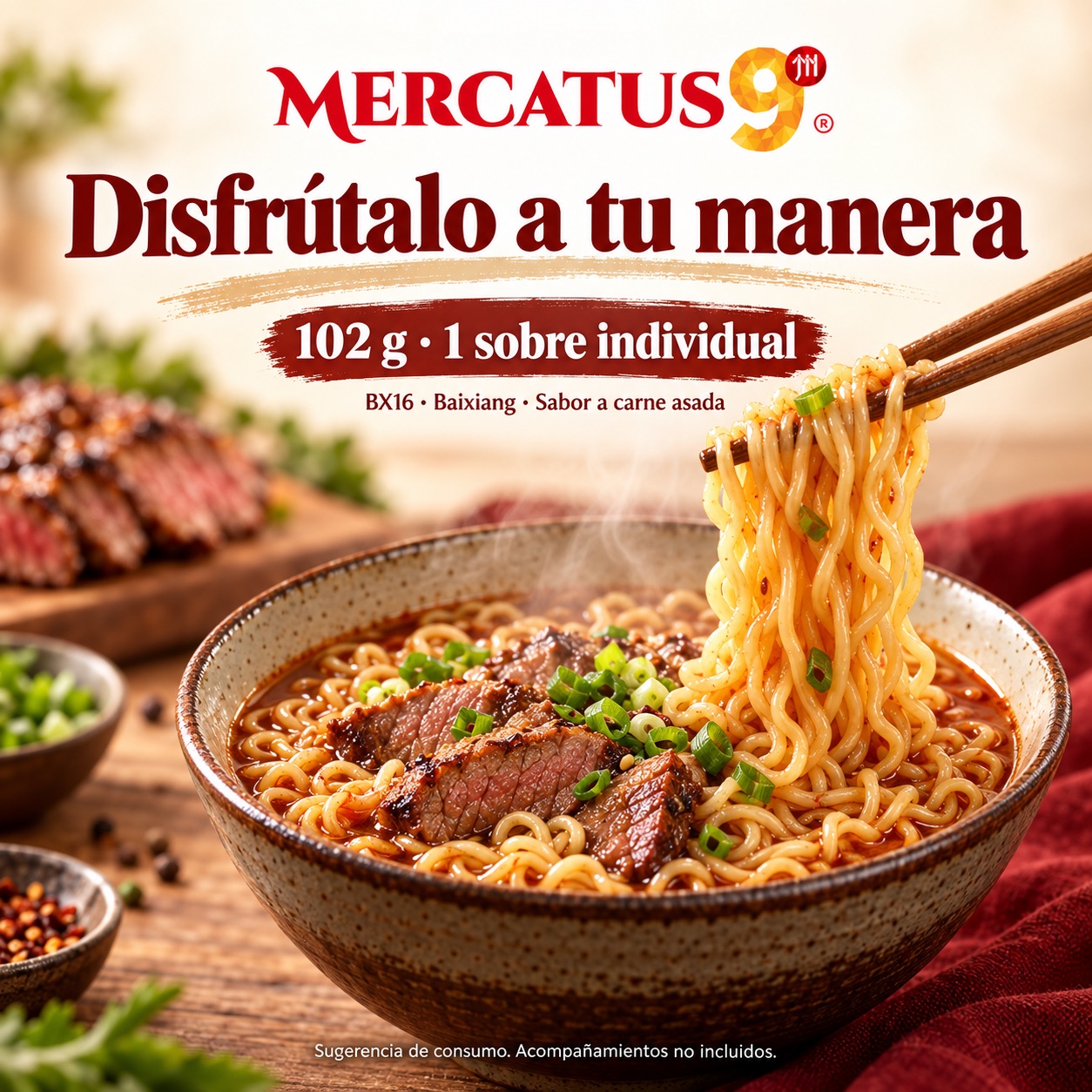 Sugerencia ilustrativa de consumo de Baixiang · Fideos sabor a carne asada; acompañamientos no incluidos