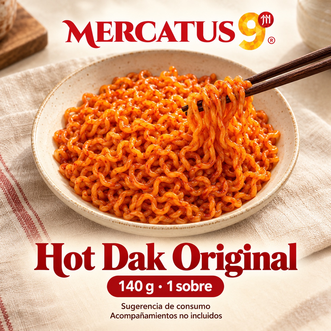Sugerencia ilustrativa de consumo de Migawon Hot Dak Original; acompañamientos no incluidos