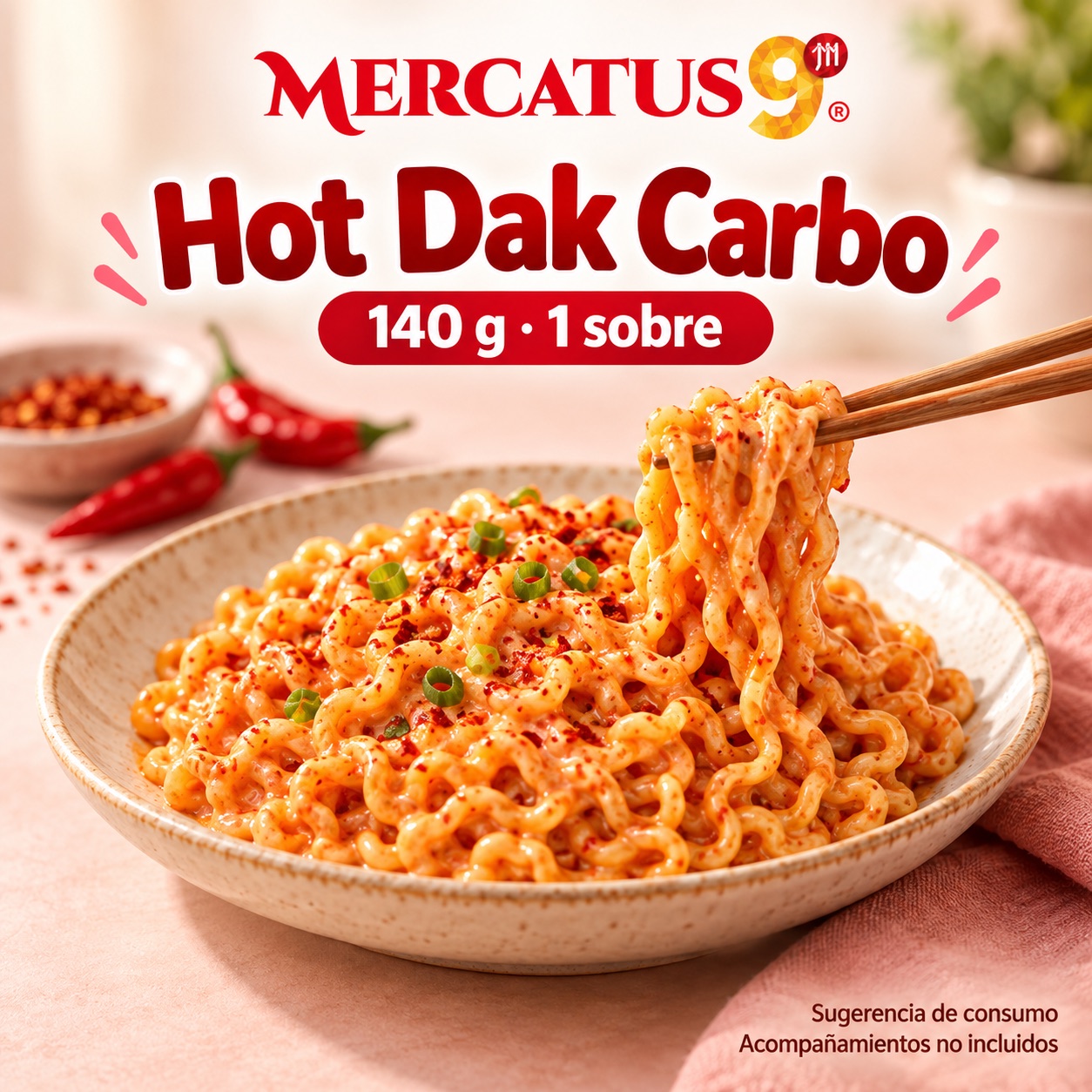 Sugerencia ilustrativa de consumo de Migawon Hot Dak Carbo; acompañamientos no incluidos