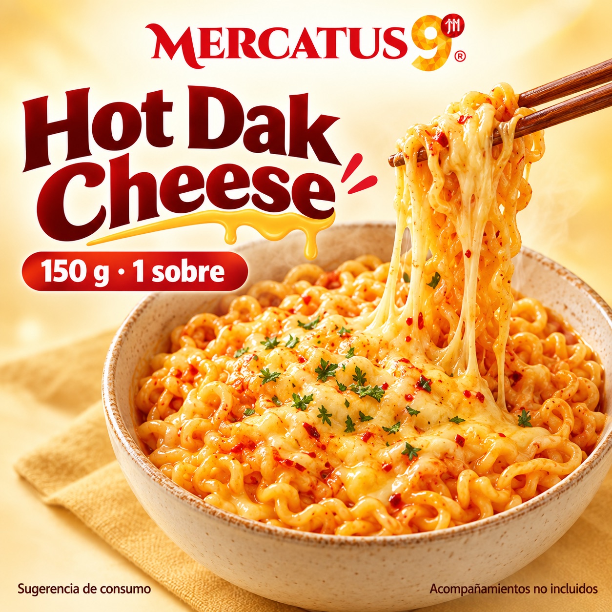 Sugerencia ilustrativa de consumo de Migawon Hot Dak Cheese; acompañamientos no incluidos