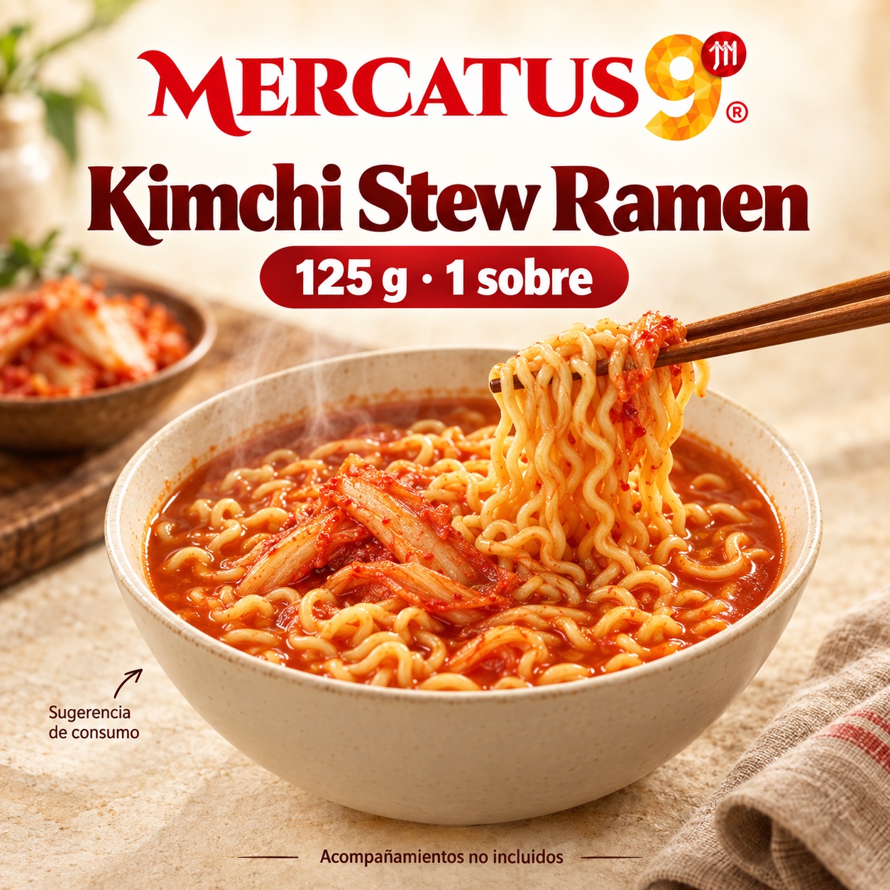 Sugerencia ilustrativa de consumo de Migawon ramen sabor kimchi; acompañamientos no incluidos