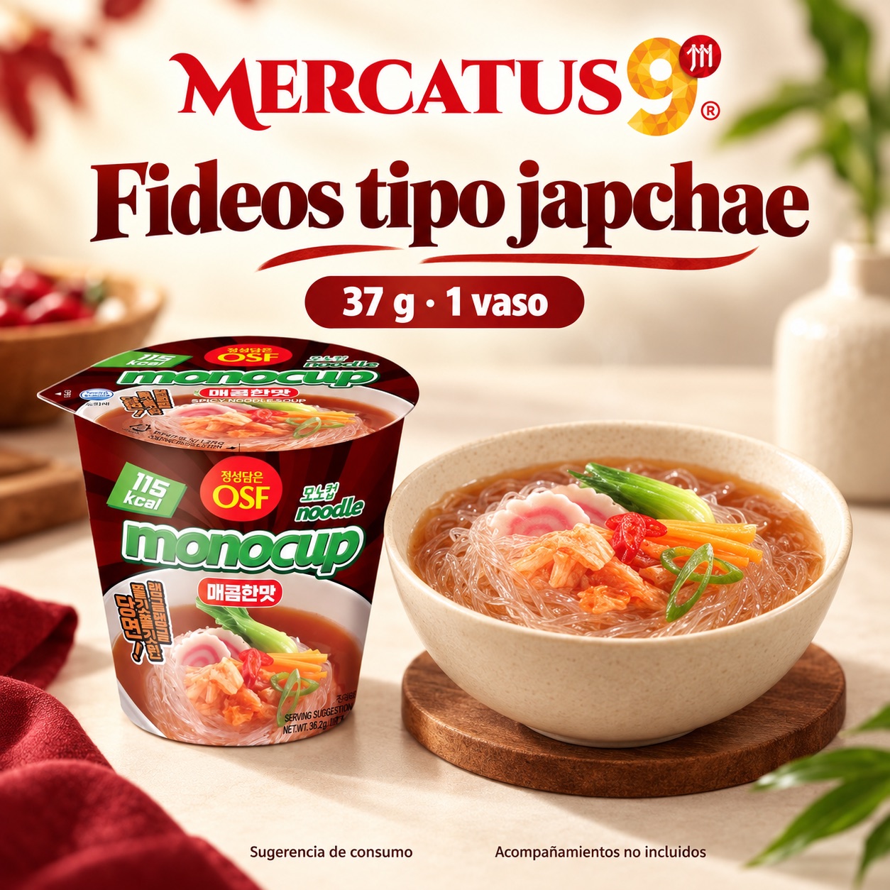 Sugerencia ilustrativa de consumo de fideos tipo japchae; acompañamientos no incluidos