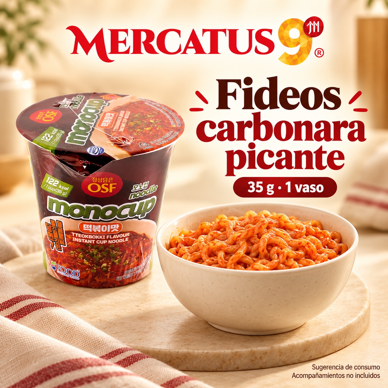 Sugerencia ilustrativa de consumo de fideos carbonara picante; acompañamientos no incluidos
