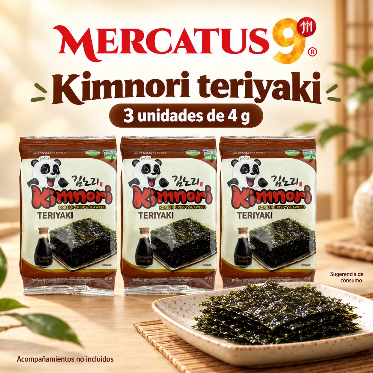 Sugerencia ilustrativa de consumo de Kimnori algas sabor teriyaki; acompañamientos no incluidos