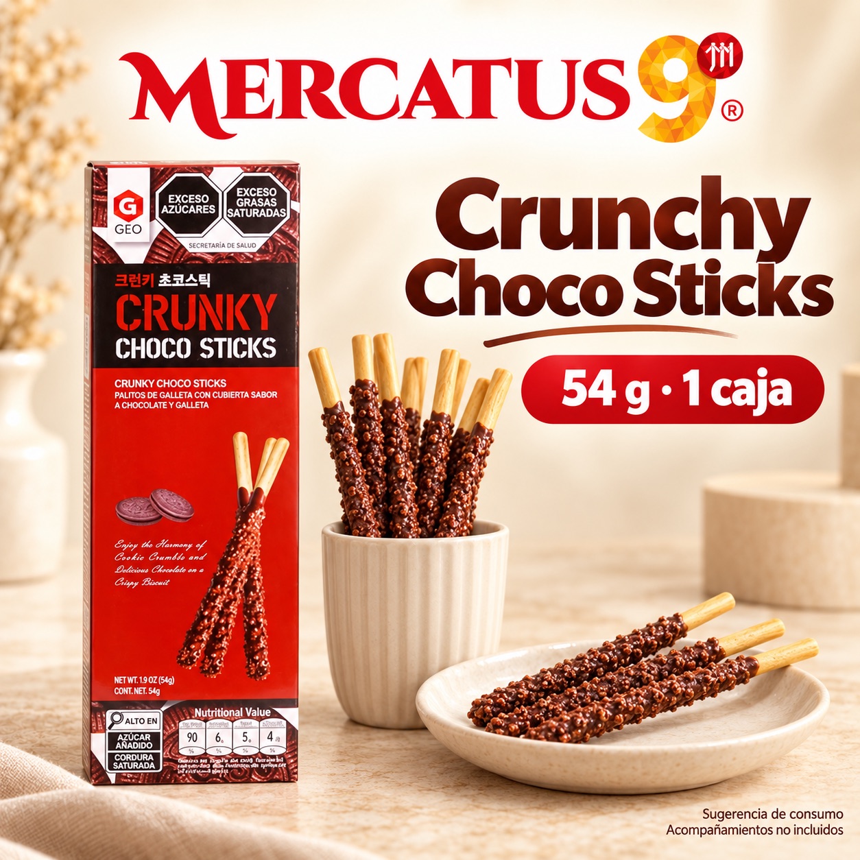 Sugerencia ilustrativa de consumo de GEO palitos de chocolate crujientes; acompañamientos no incluidos