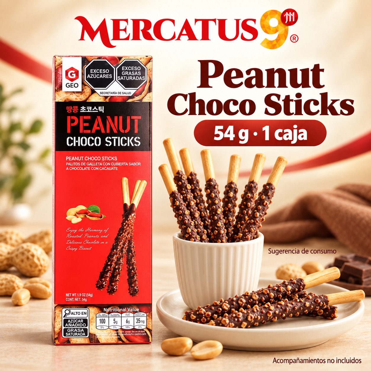 Sugerencia ilustrativa de consumo de GEO palitos de chocolate con maní; acompañamientos no incluidos