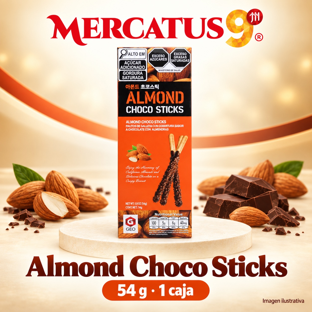 GEO palitos de chocolate con almendras, presentación de 54 g, Mercatus9