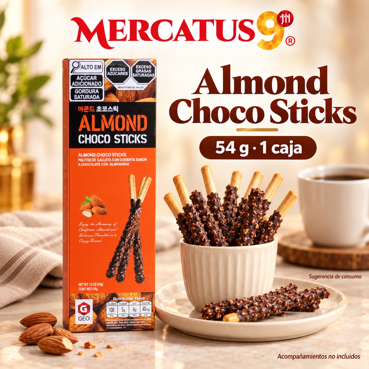 Sugerencia ilustrativa de consumo de GEO palitos de chocolate con almendras; acompañamientos no incluidos