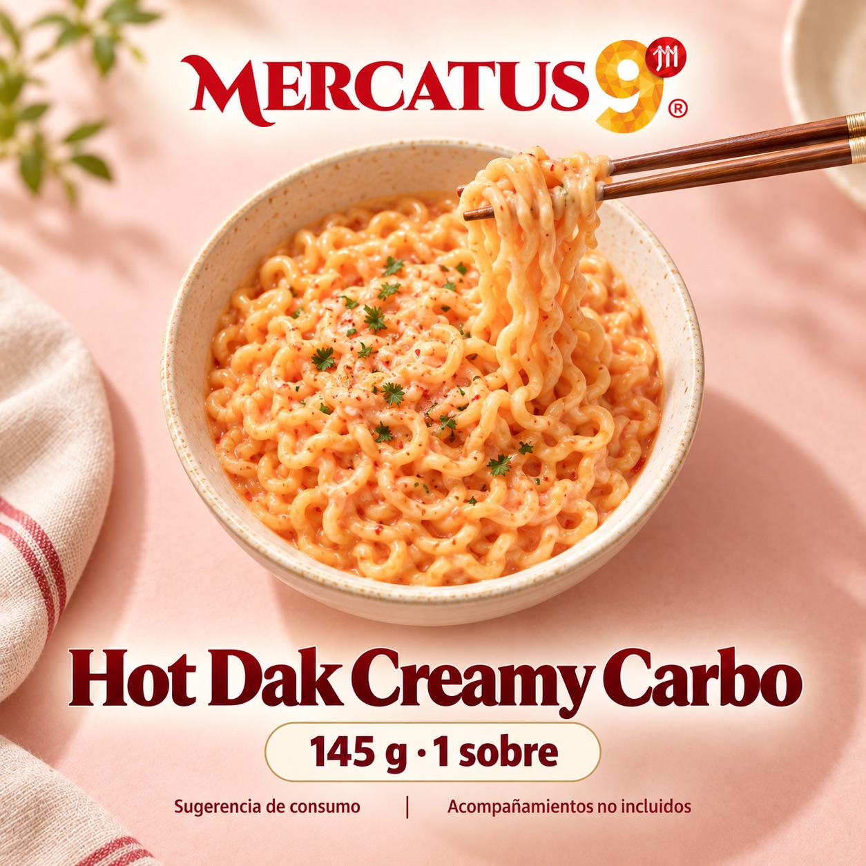 Sugerencia ilustrativa de consumo de Migawon Hot Dak Creamy Carbo; acompañamientos no incluidos