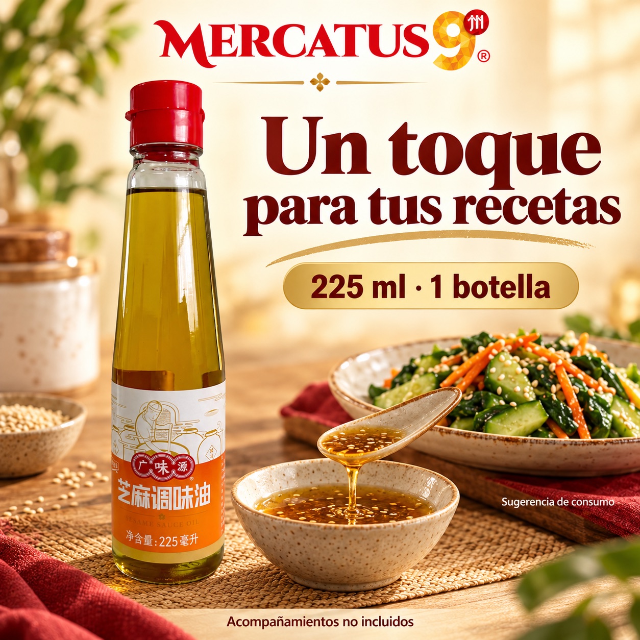 Sugerencia ilustrativa de consumo de Aceite sazonador de sésamo GWY; acompañamientos no incluidos