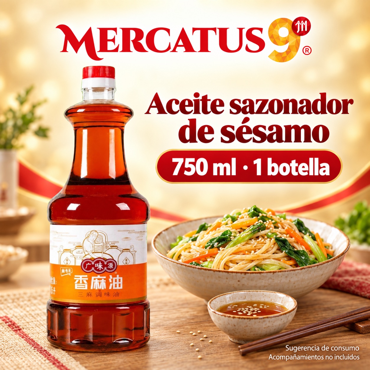 Sugerencia ilustrativa de consumo de Aceite sazonador de sésamo GWY; acompañamientos no incluidos