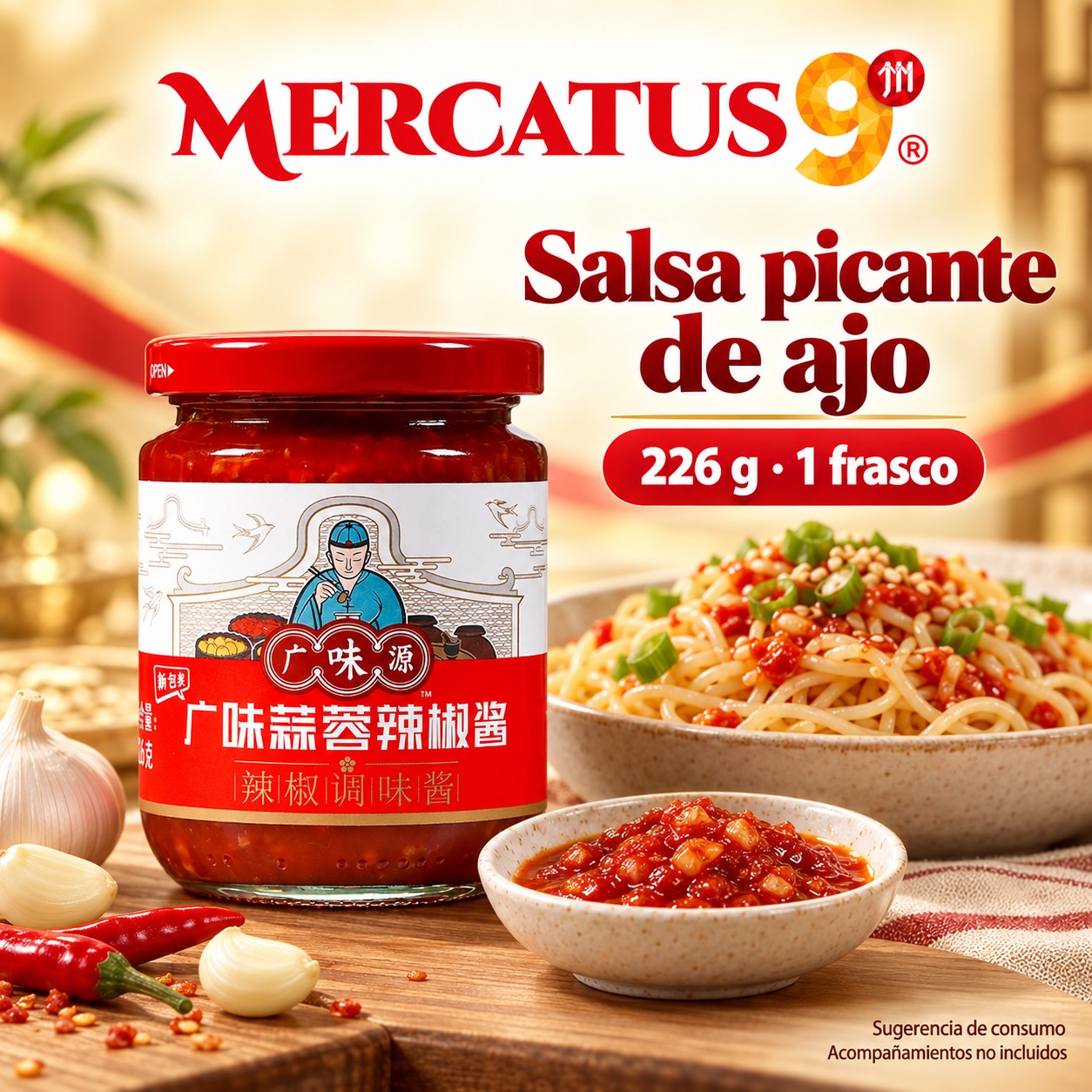 Sugerencia ilustrativa de consumo de Salsa picante de ajo GWY; acompañamientos no incluidos