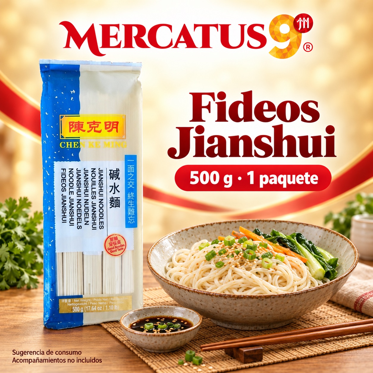 Sugerencia ilustrativa de consumo de Fideos Jianshui CKM; acompañamientos no incluidos