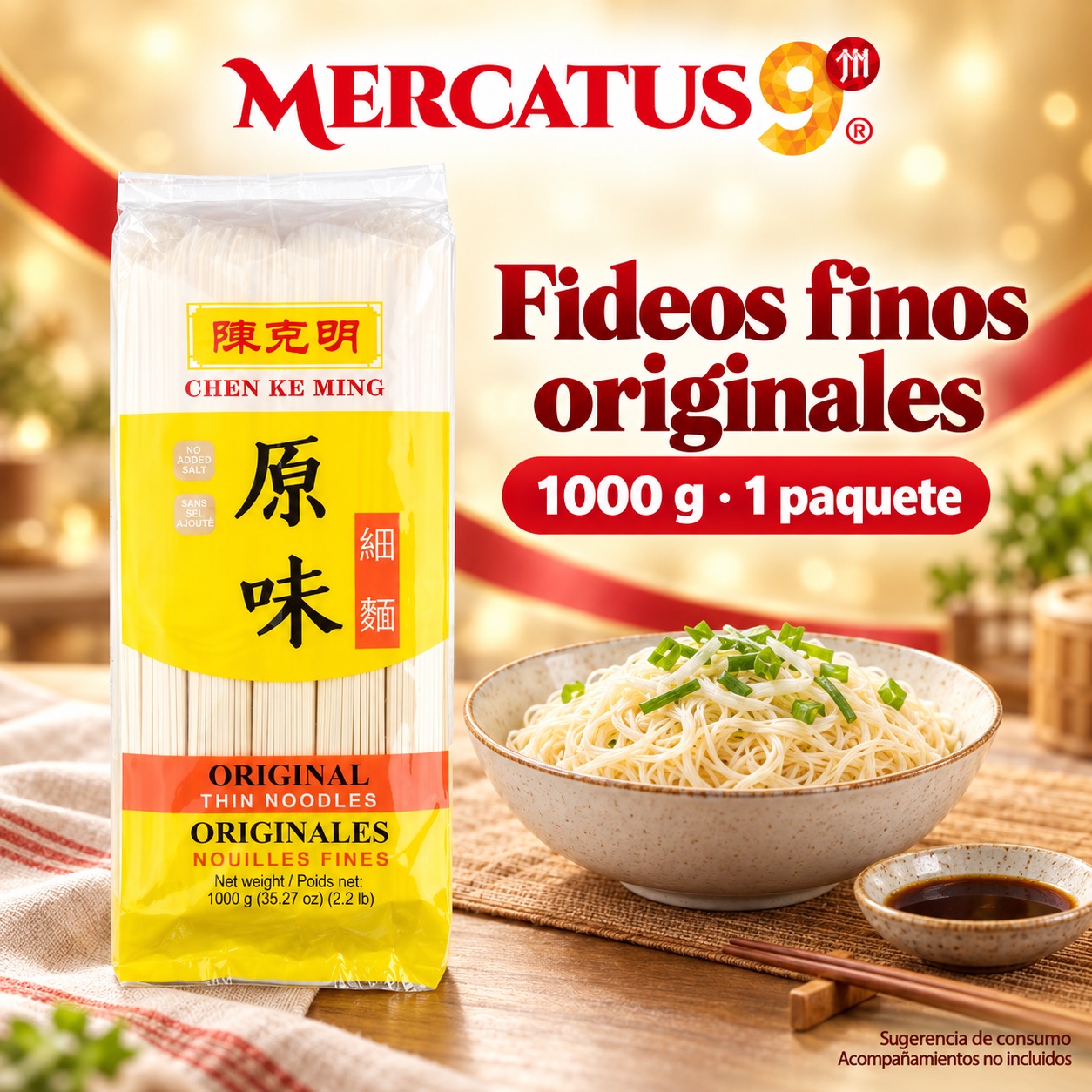 Sugerencia ilustrativa de consumo de Fideos finos originales CKM; acompañamientos no incluidos