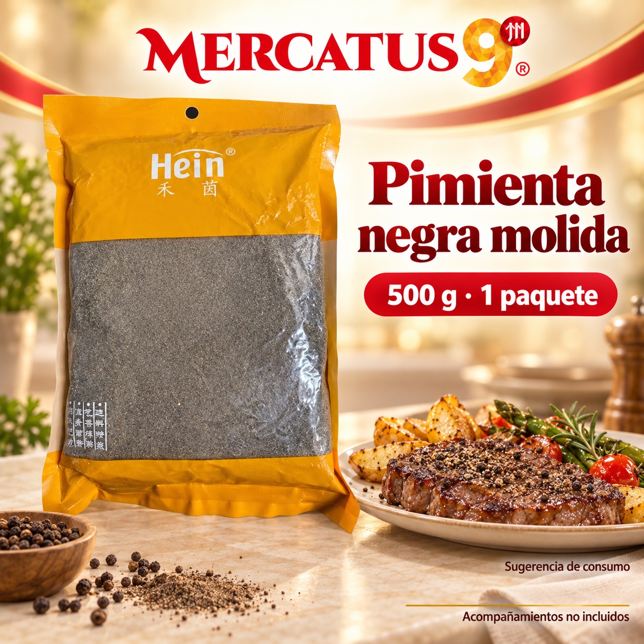 Sugerencia ilustrativa de consumo de Pimienta negra molida Hein; acompañamientos no incluidos