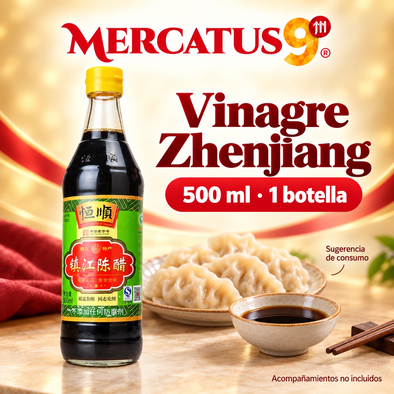 Sugerencia ilustrativa de consumo de Vinagre Zhenjiang Hengshun; acompañamientos no incluidos
