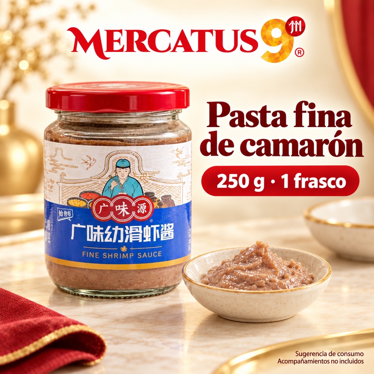 Sugerencia ilustrativa de consumo de Pasta fina de camarón GWY; acompañamientos no incluidos
