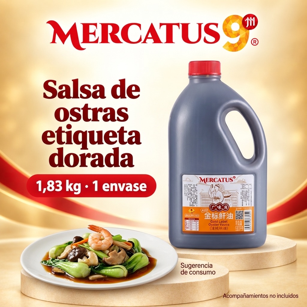 Sugerencia ilustrativa de consumo de Salsa de ostras etiqueta dorada GWY; acompañamientos no incluidos