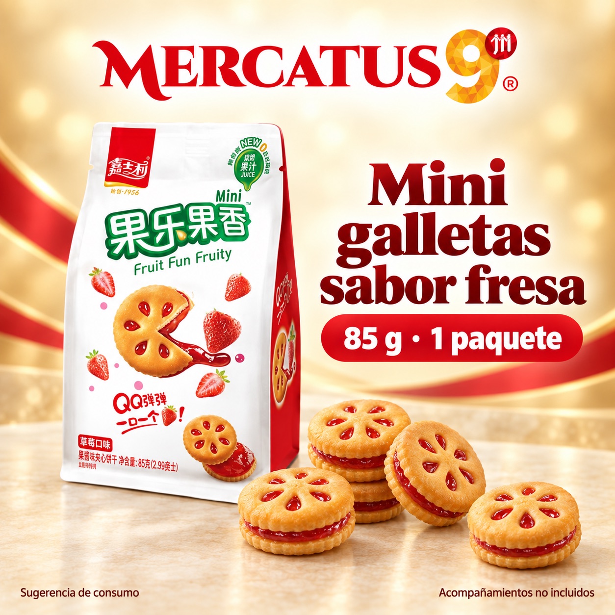Sugerencia ilustrativa de consumo de Mini galletas JSL sabor fresa; acompañamientos no incluidos