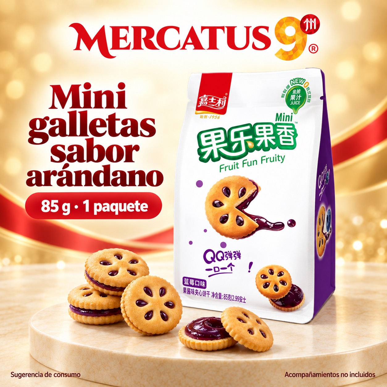 Sugerencia ilustrativa de consumo de Mini galletas JSL sabor arándano; acompañamientos no incluidos