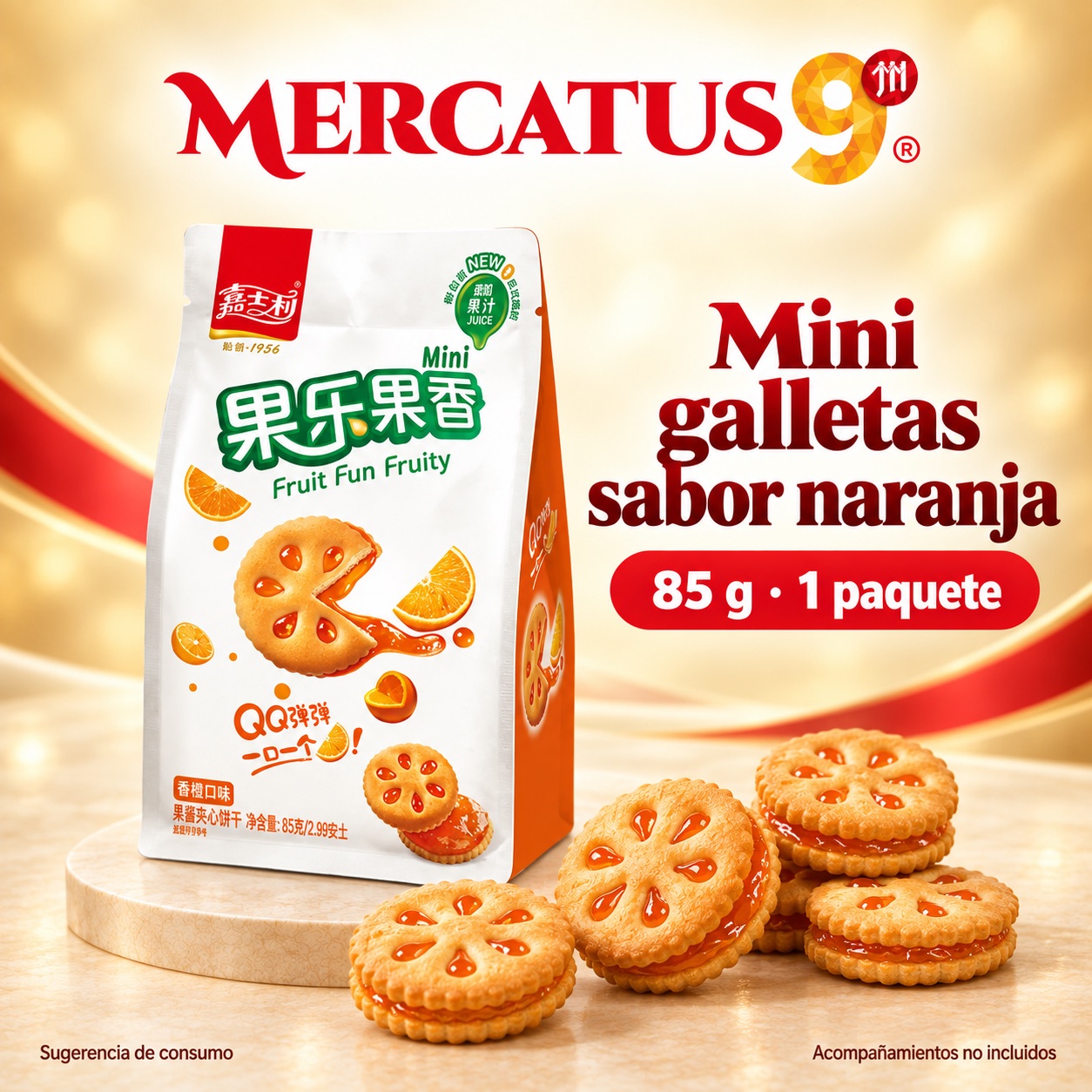 Sugerencia ilustrativa de consumo de Mini galletas JSL sabor naranja; acompañamientos no incluidos