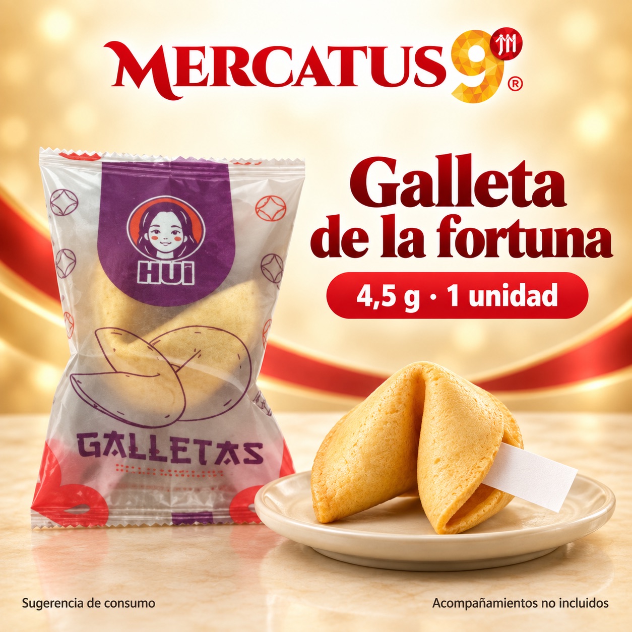 Sugerencia ilustrativa de consumo de Galleta de la fortuna; acompañamientos no incluidos