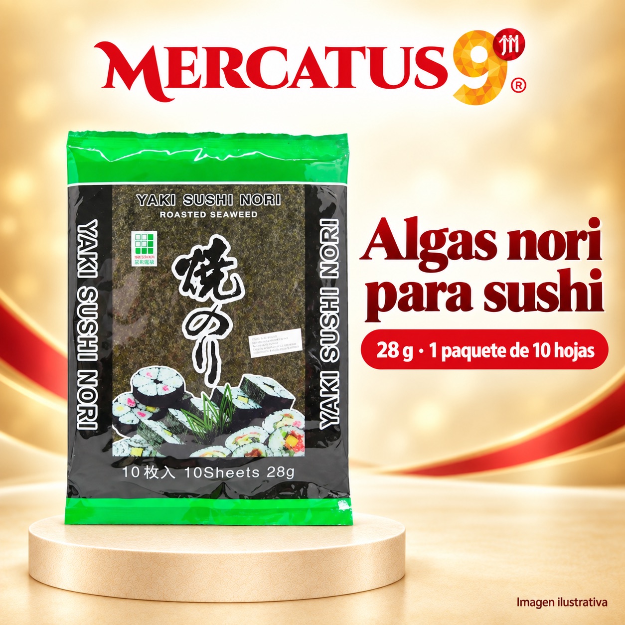 Algas nori para sushi, presentación de 28 g, Mercatus9