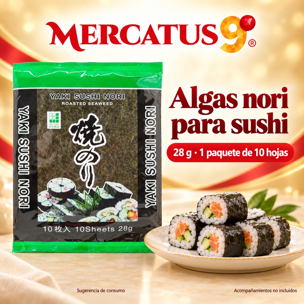 Sugerencia ilustrativa de consumo de Algas nori para sushi; acompañamientos no incluidos