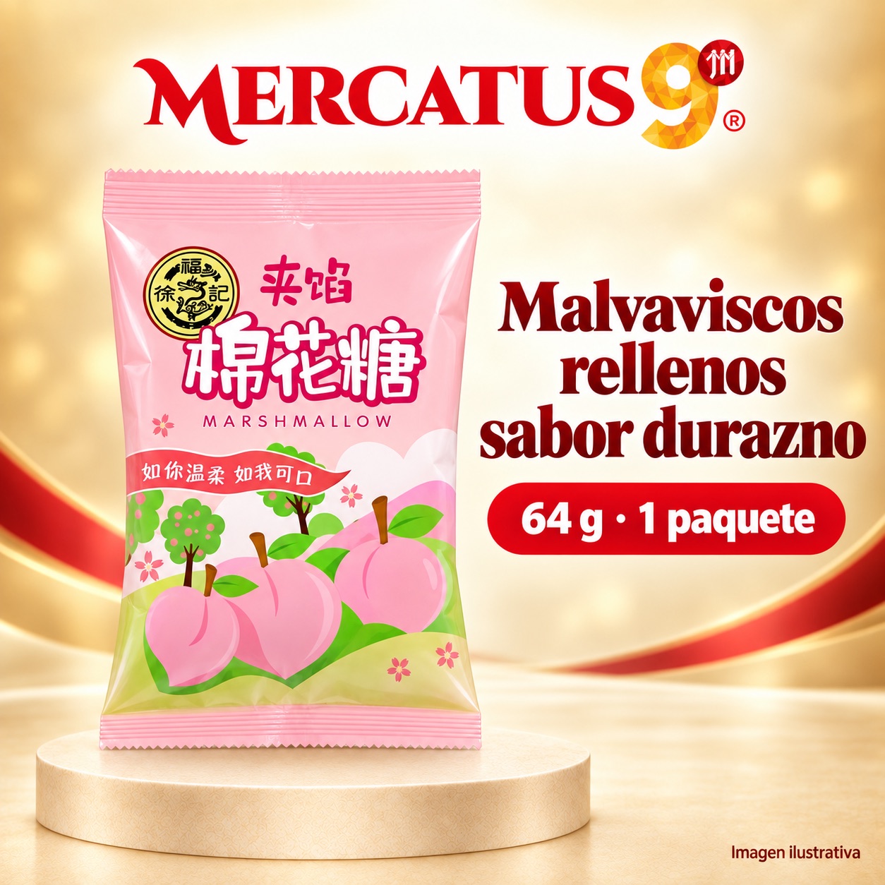 Malvaviscos rellenos sabor durazno, presentación de 64 g, Mercatus9