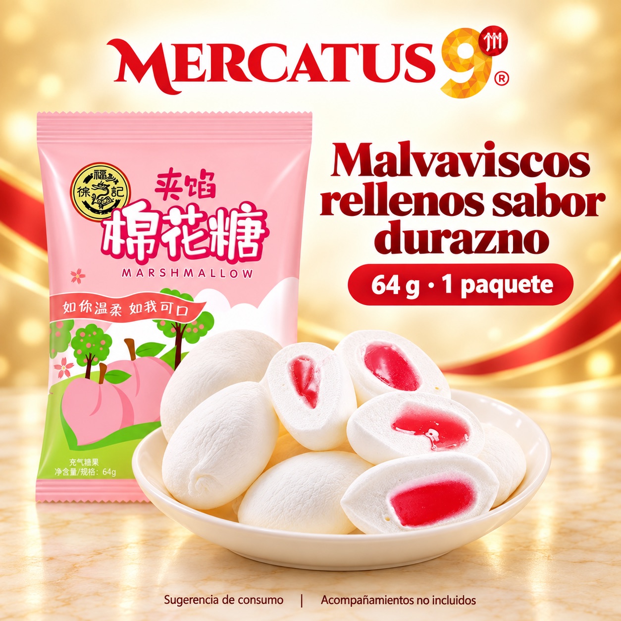 Sugerencia ilustrativa de consumo de Malvaviscos rellenos sabor durazno; acompañamientos no incluidos