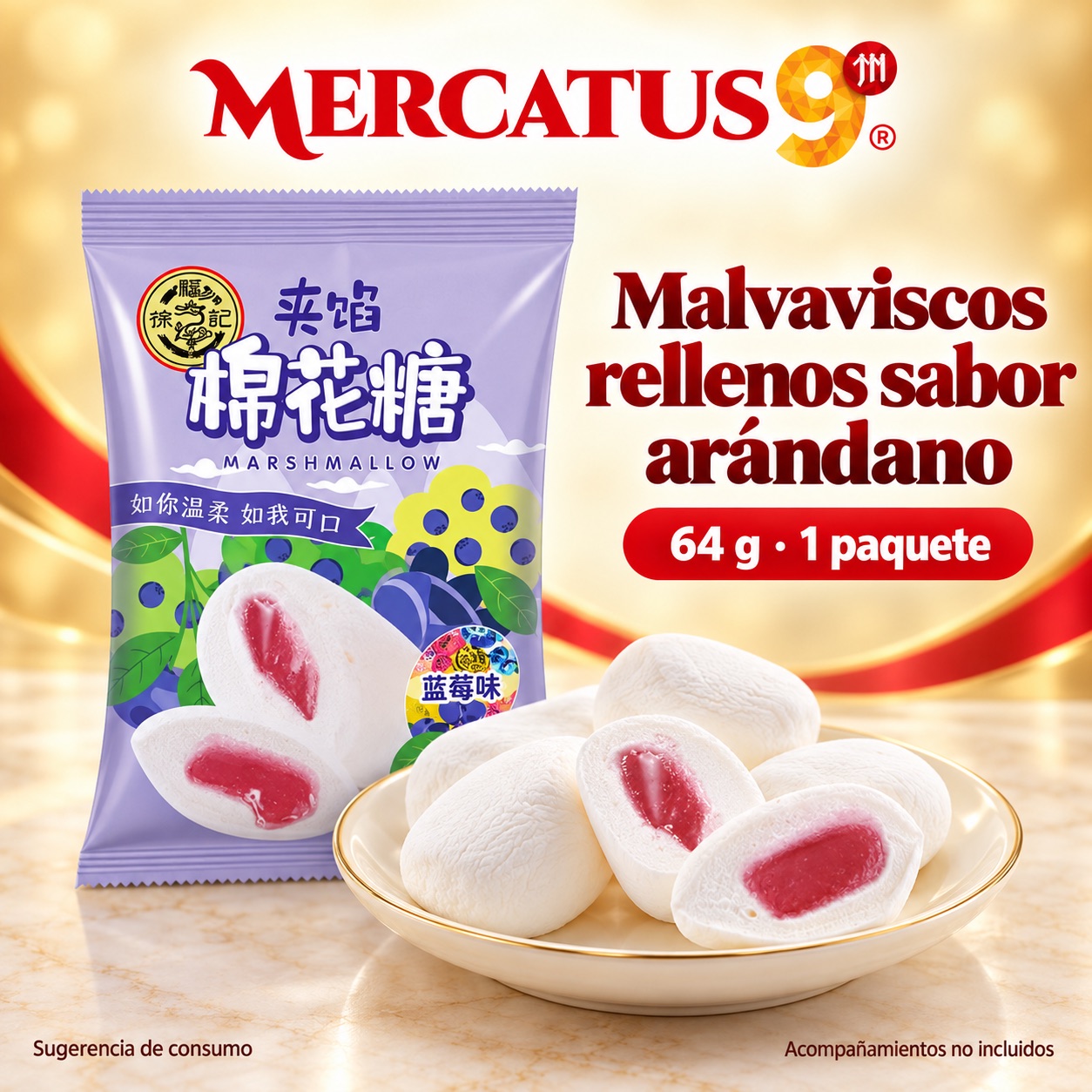 Sugerencia ilustrativa de consumo de Malvaviscos rellenos sabor arándano; acompañamientos no incluidos