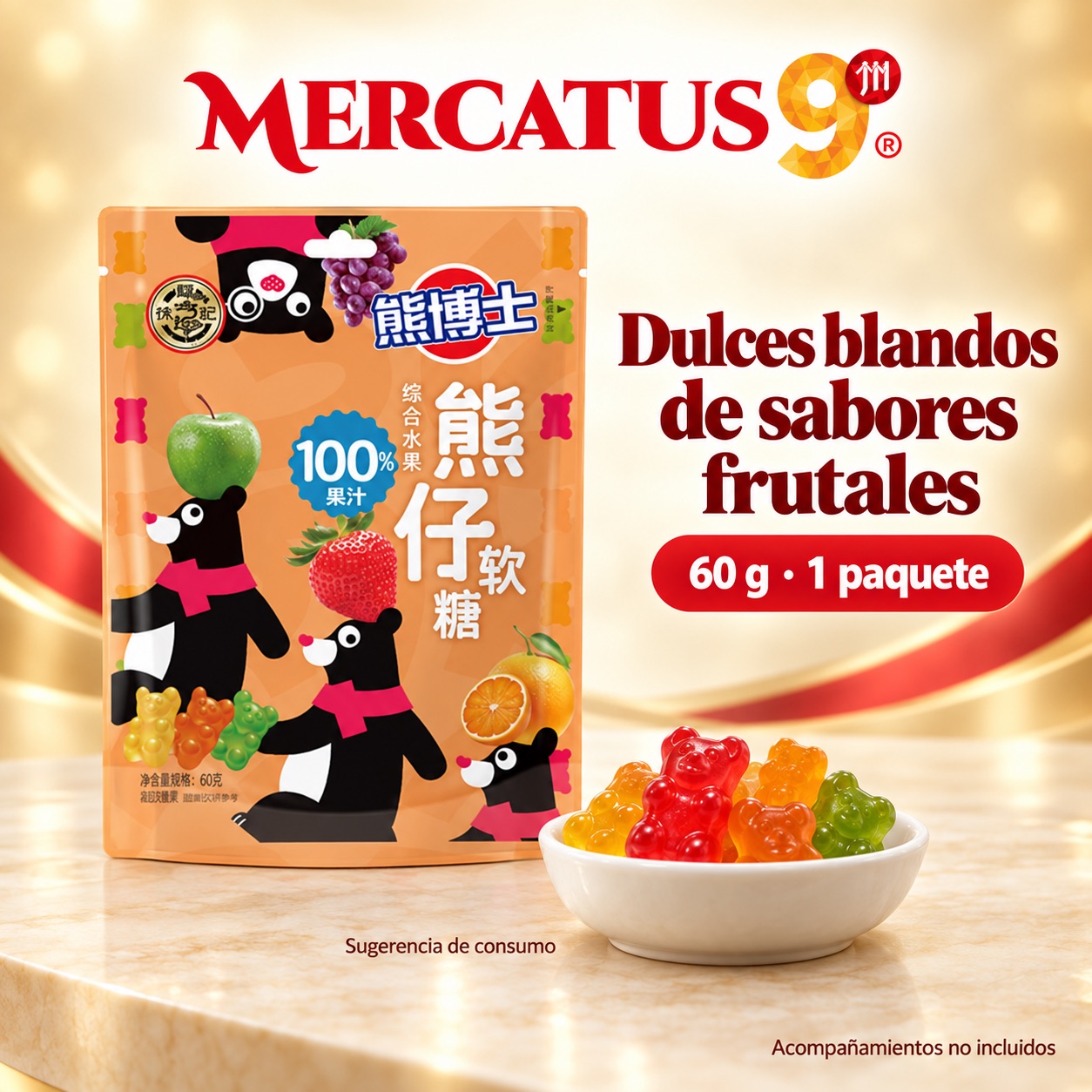 Sugerencia ilustrativa de consumo de Dulces blandos de sabores frutales; acompañamientos no incluidos
