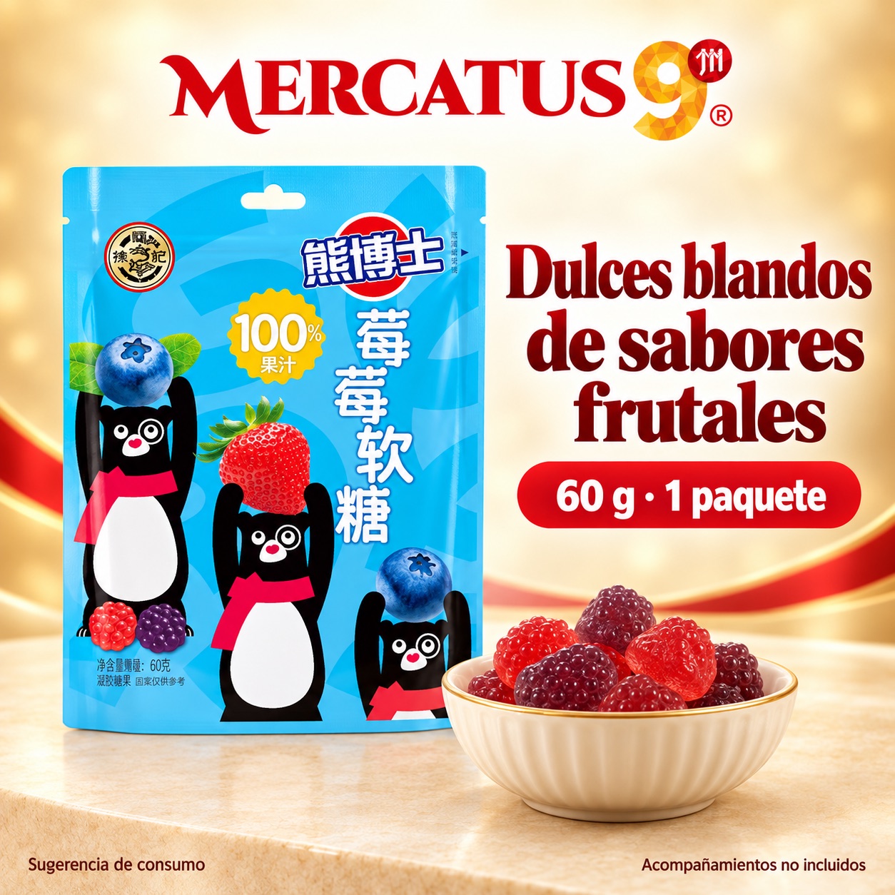 Sugerencia ilustrativa de consumo de Dulces blandos de sabores frutales; acompañamientos no incluidos