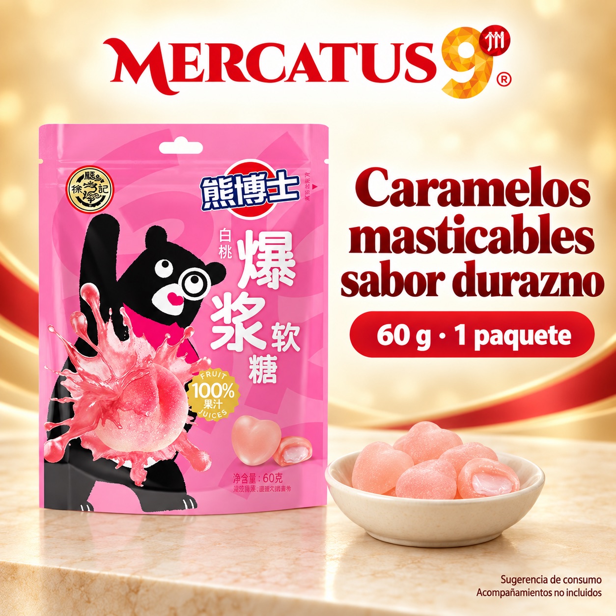 Sugerencia ilustrativa de consumo de Caramelos masticables sabor durazno; acompañamientos no incluidos