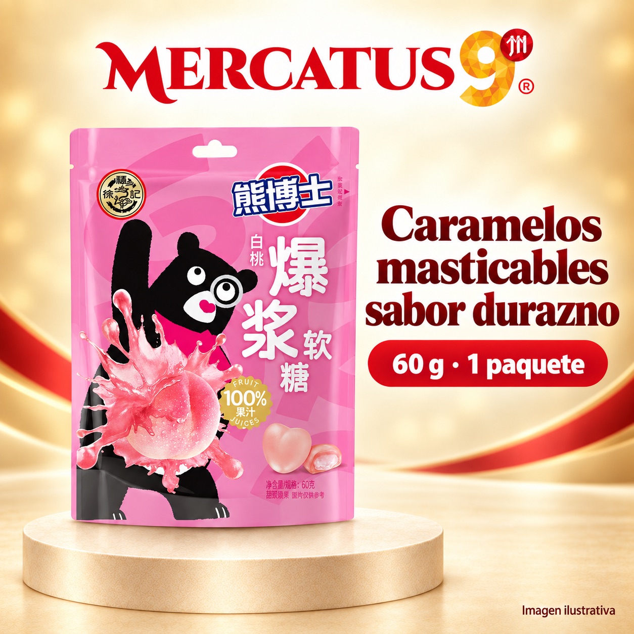 Caramelos masticables sabor durazno, presentación de 60 g, Mercatus9