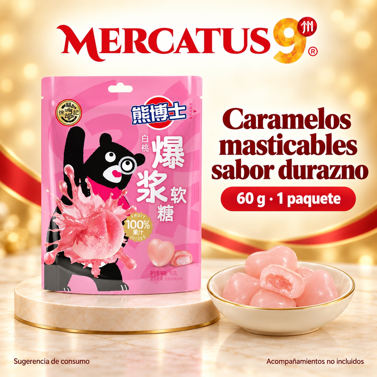 Sugerencia ilustrativa de consumo de Caramelos masticables sabor durazno; acompañamientos no incluidos