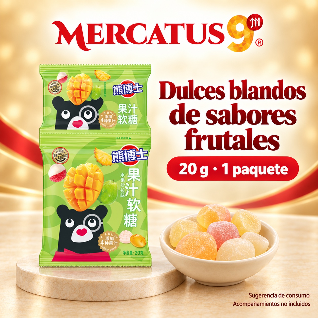 Sugerencia ilustrativa de consumo de Dulces blandos de sabores frutales; acompañamientos no incluidos