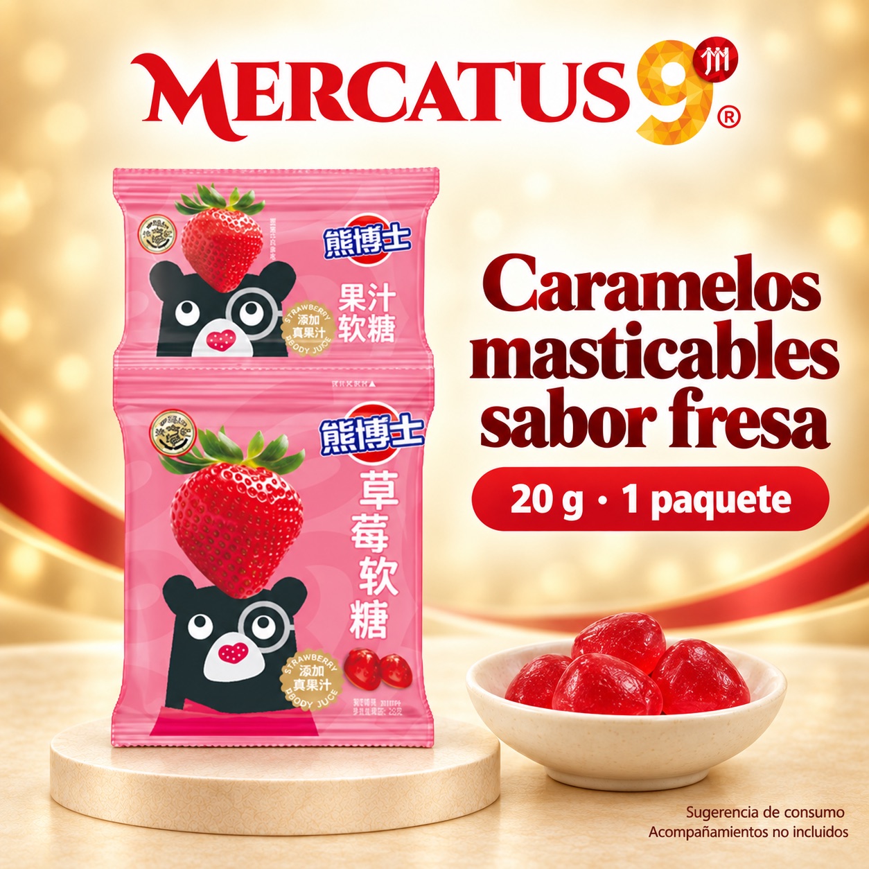 Sugerencia ilustrativa de consumo de Caramelos masticables sabor fresa; acompañamientos no incluidos
