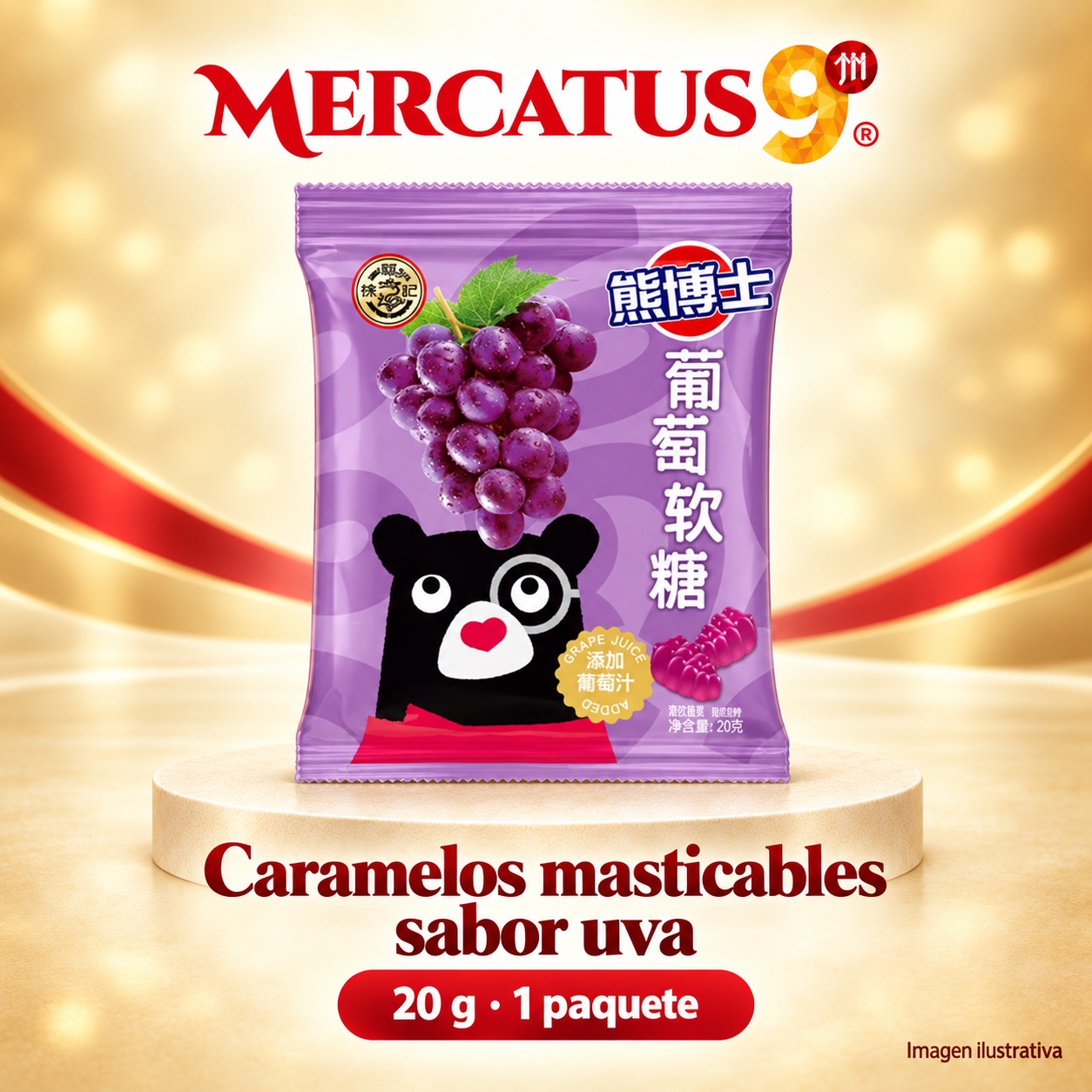 Caramelos masticables sabor uva, presentación de 20 g, Mercatus9