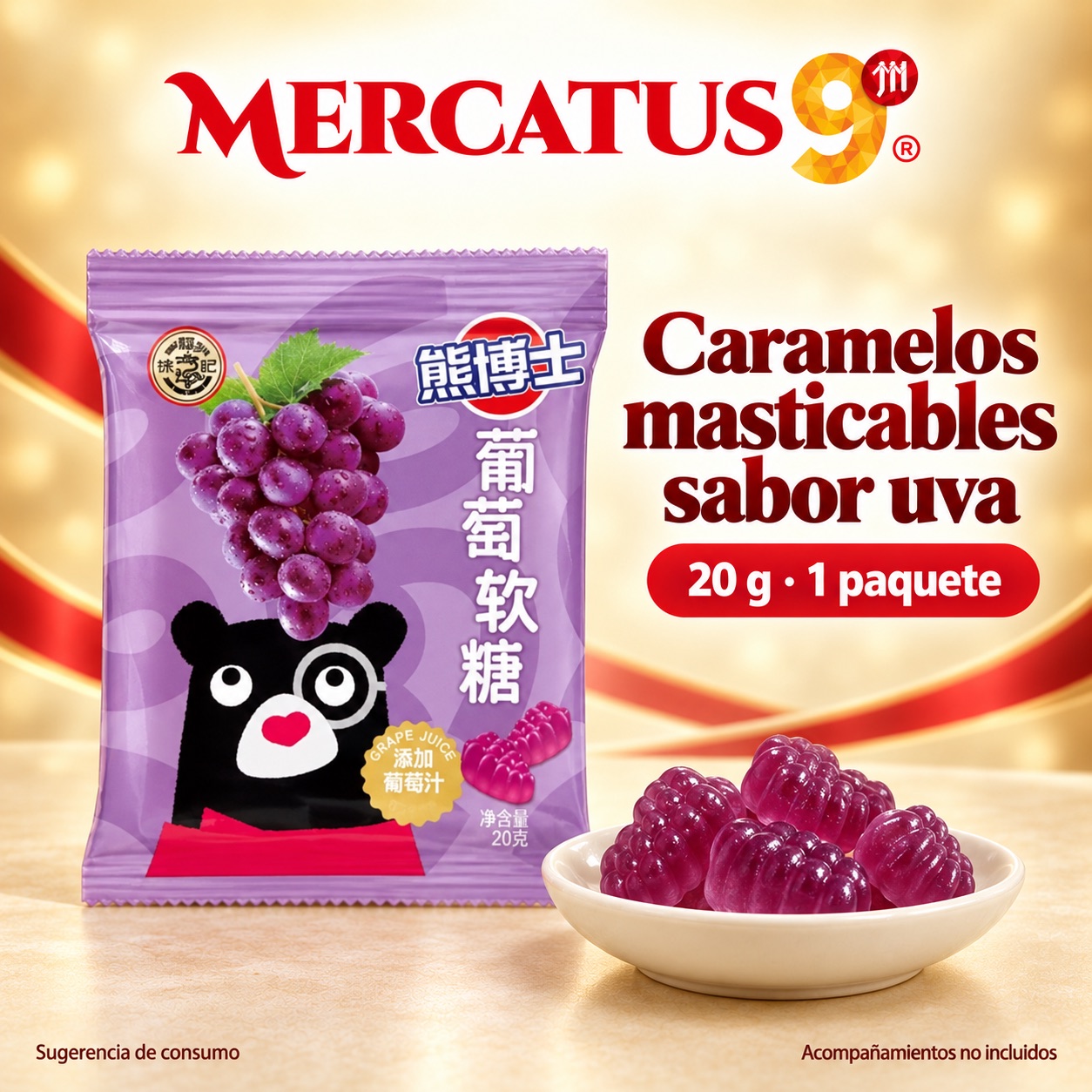 Sugerencia ilustrativa de consumo de Caramelos masticables sabor uva; acompañamientos no incluidos