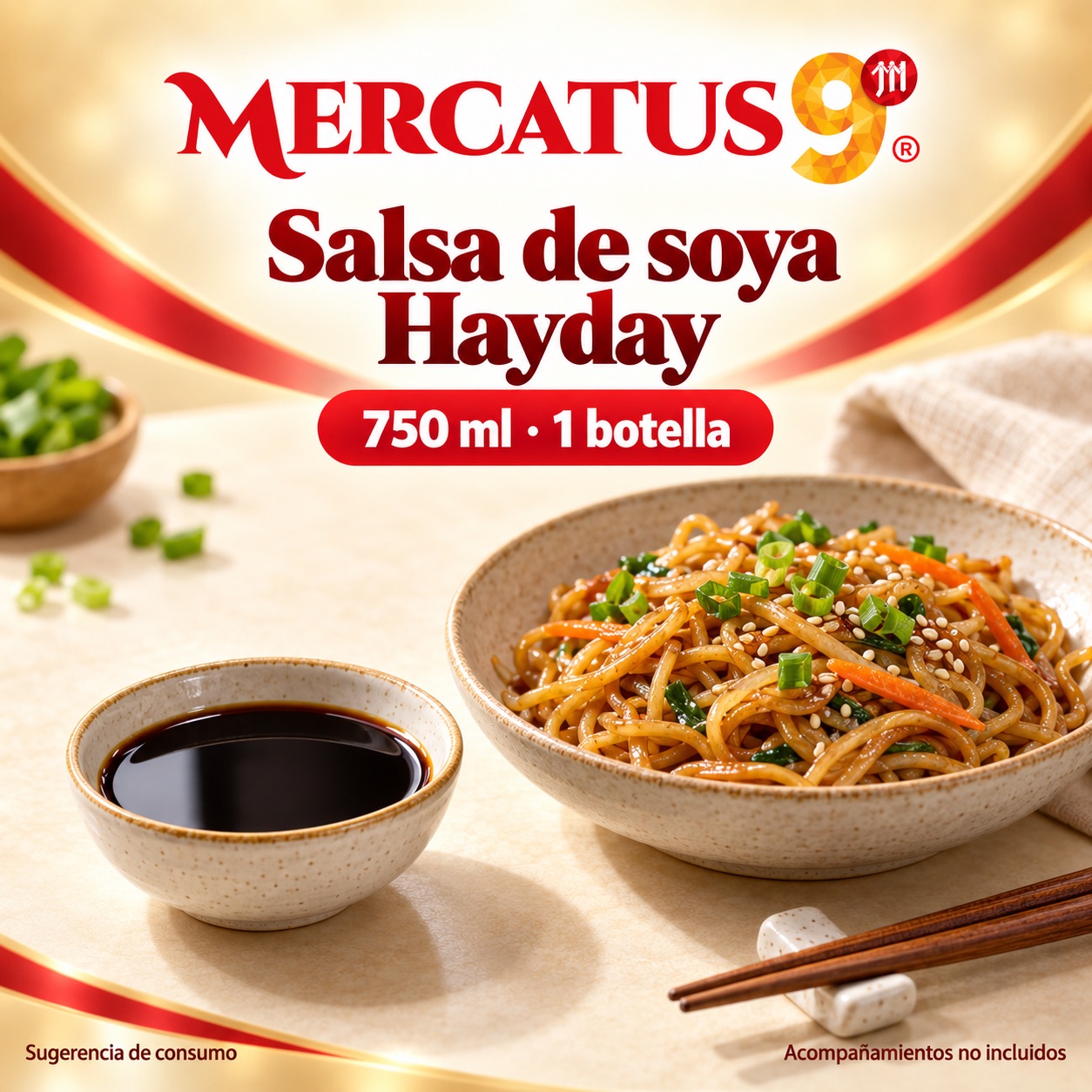 Sugerencia ilustrativa de consumo de Salsa de soya Hayday; acompañamientos no incluidos
