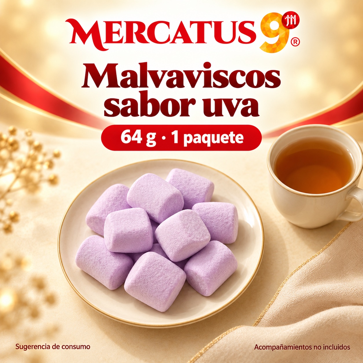 Sugerencia ilustrativa de consumo de Malvaviscos sabor uva; acompañamientos no incluidos