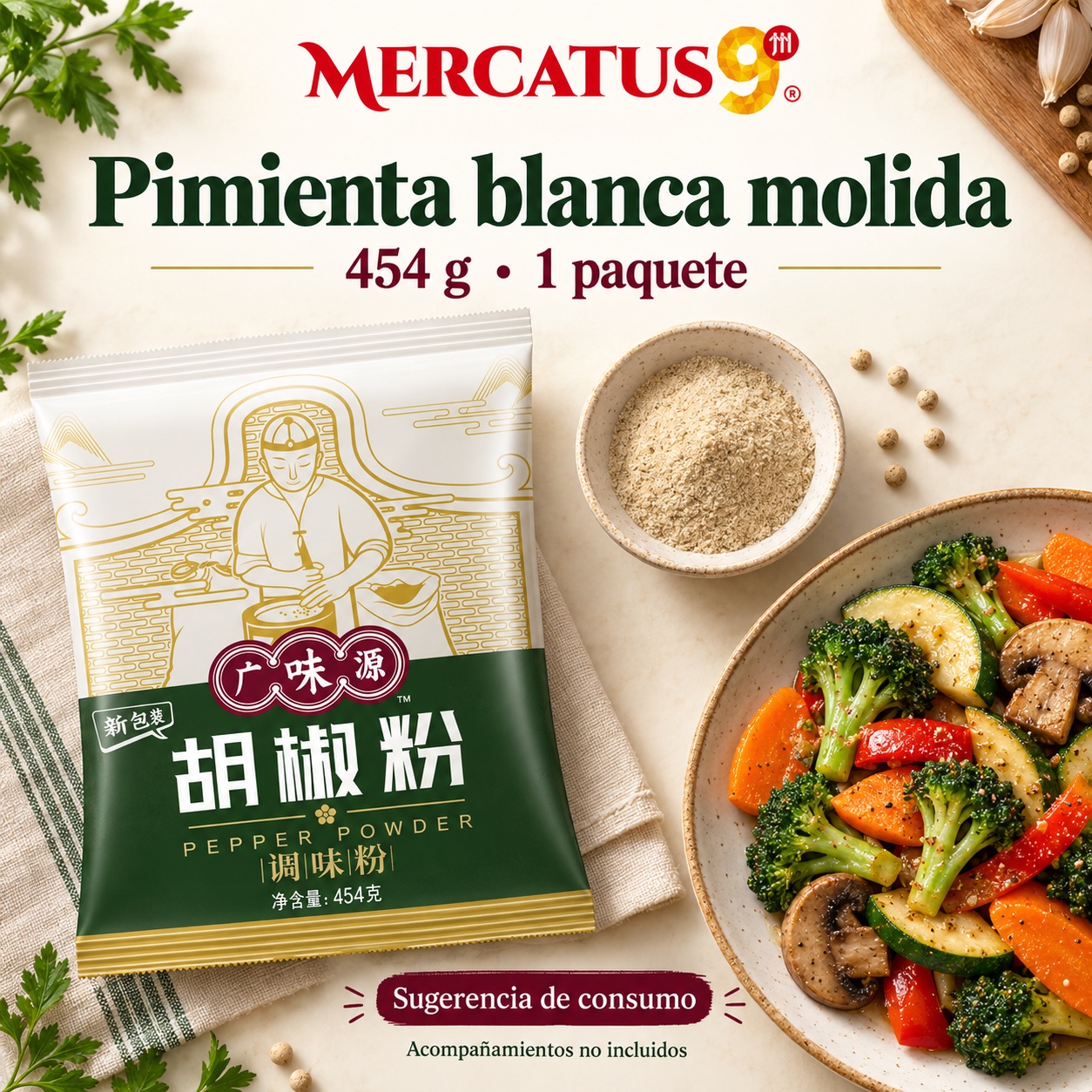 Sugerencia ilustrativa de consumo de Pimienta blanca molida GWY; acompañamientos no incluidos
