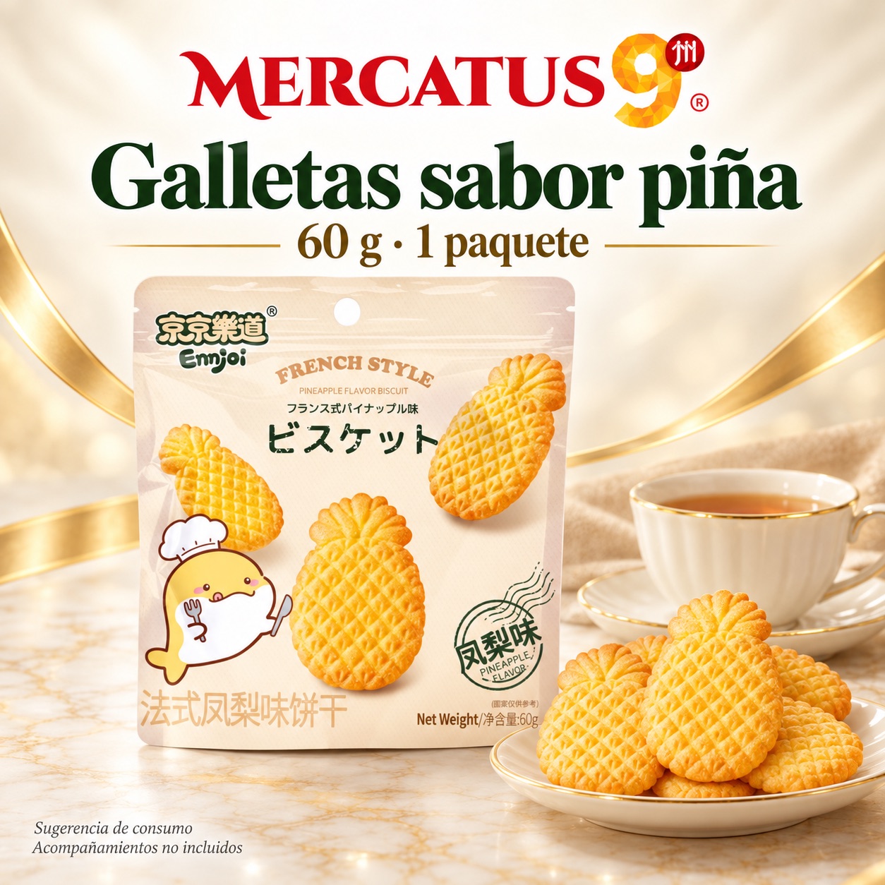 Sugerencia ilustrativa de consumo de Galletas JJLD sabor piña; acompañamientos no incluidos