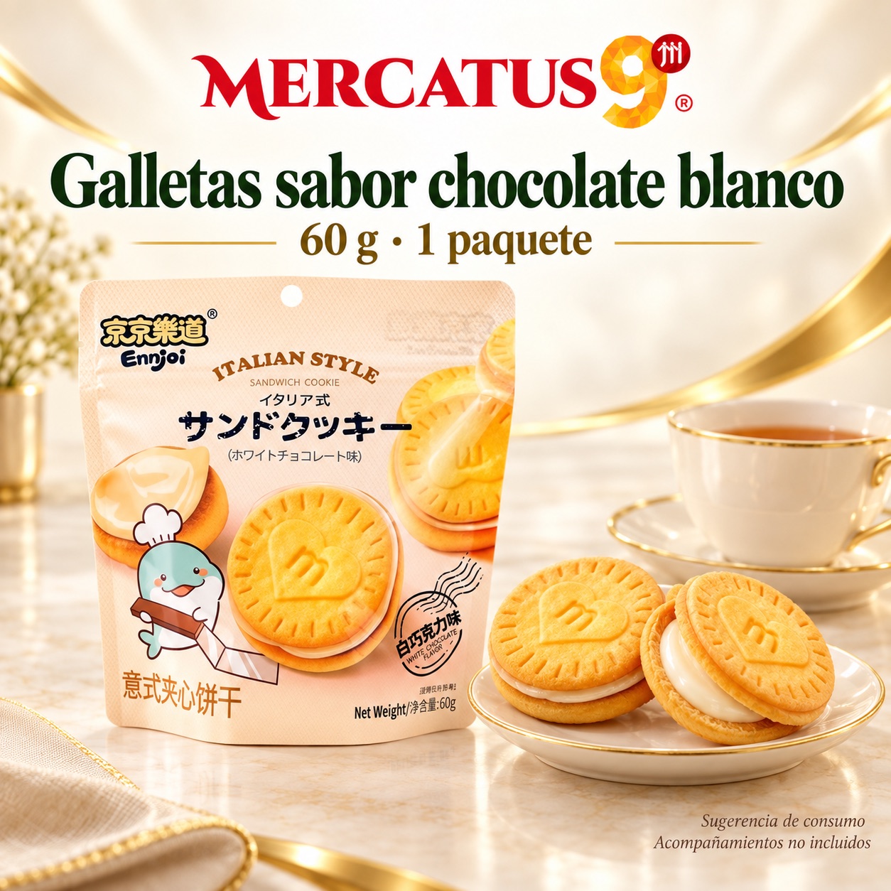 Sugerencia ilustrativa de consumo de Galletas JJLD sabor chocolate blanco; acompañamientos no incluidos
